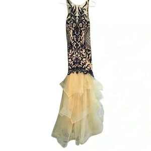 NEW Camille La Vie Cocktail Prom Maxi Formal Blue Gold Lace Long Evening Gown 4